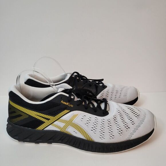 ASICS Sneakers Mens 14 FuzeX Lyte Shoes Black White Gold Athletic Casual Lace Up - Picture 1 of 9